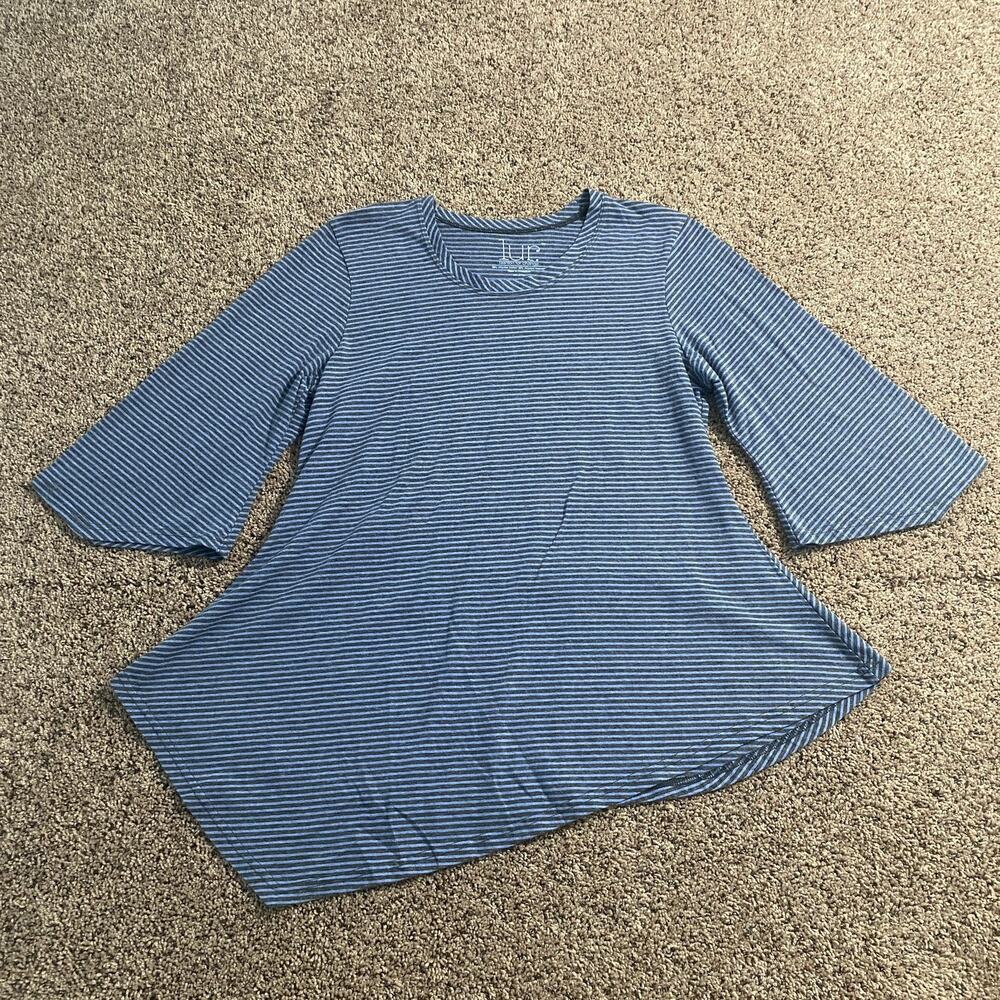 Lur Shirt Womens Medium Blue‎ Black Striped 3/4 Sleeve Recycled Cotton Eco Top